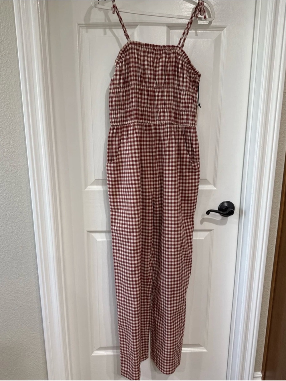 Sincerely Jules MED Sleeveless Smocked Jumpsuit Red/Ivory Gingham Check NWT